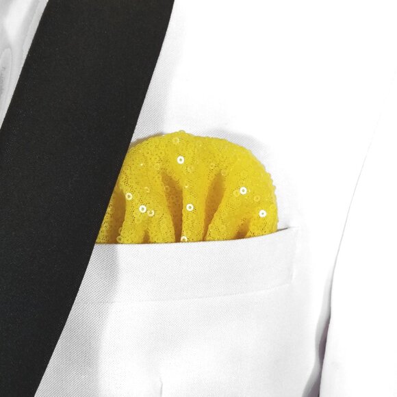 Men's Sequin Pre-Folded Pocket Square Insert - Bright Yellow Fan Design - Picture 1 of 6